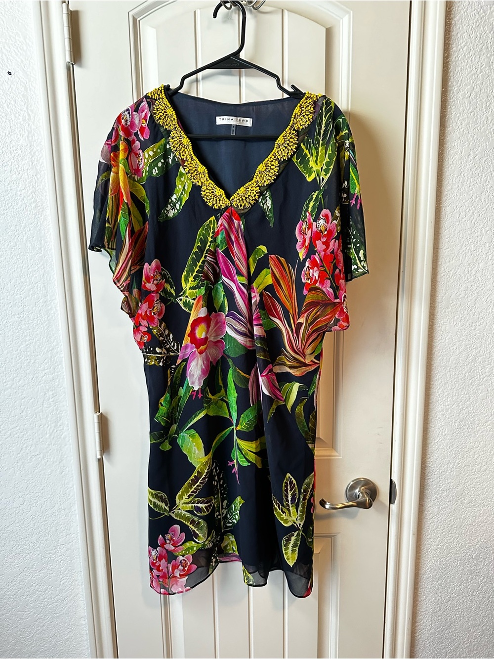 Trina Turk Black Floral Midi Dress with Yellow Beaded Neckline